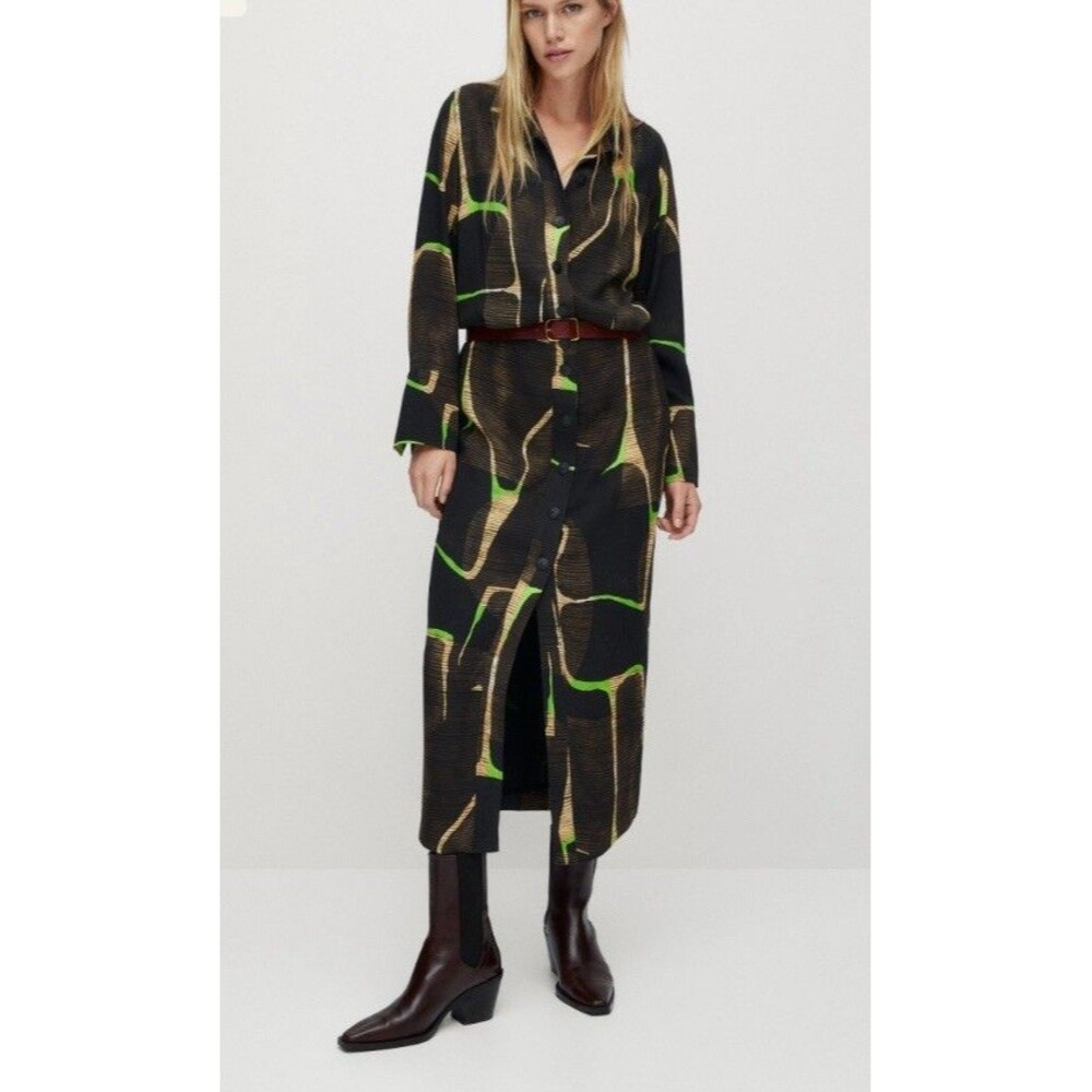 Massimo Dutti Black Maxi Shirt Dress with Green and Brown Pattern